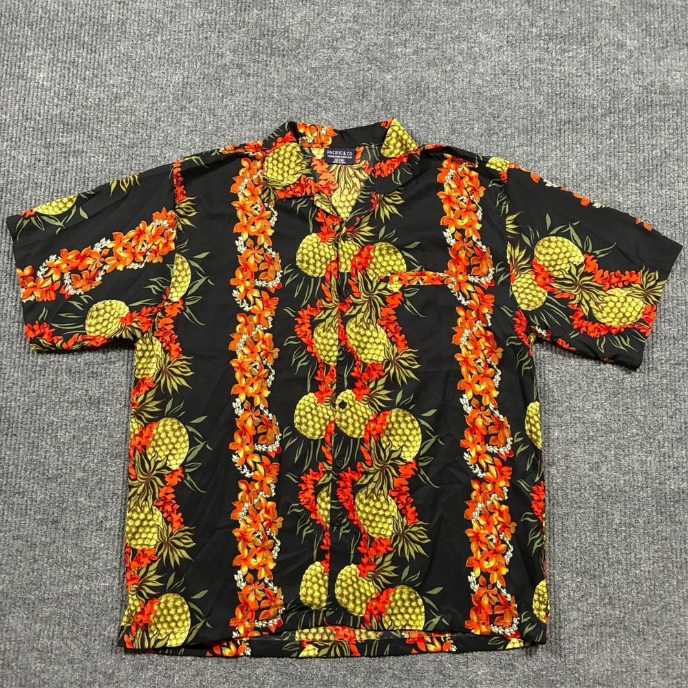 Pacific & Co Hawaiian Shirt Mens XL Black Pineapple Floral Camp Aloha Button Up
